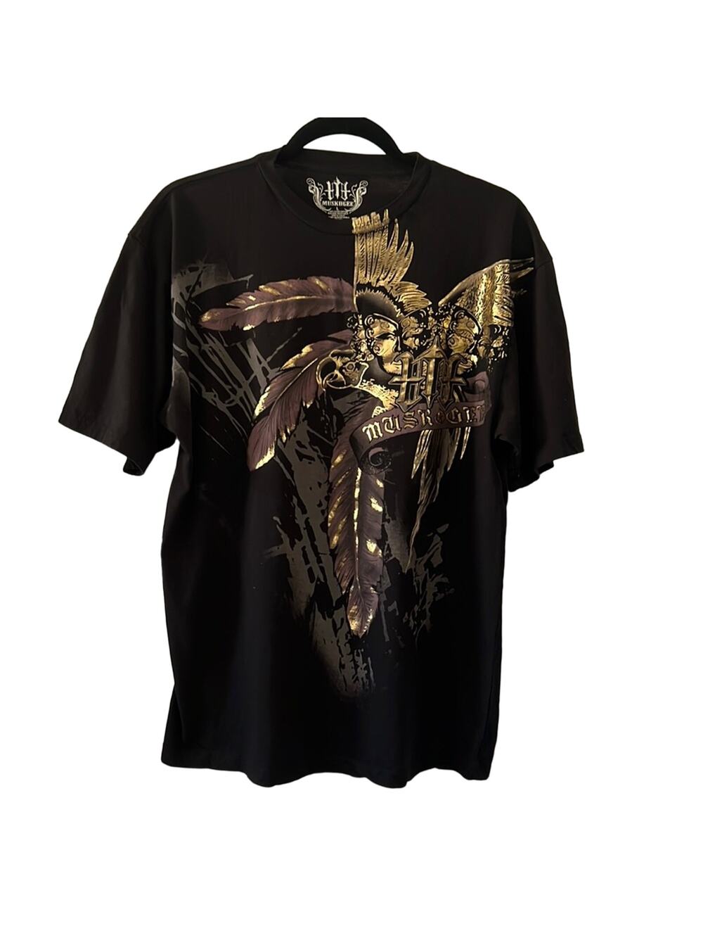 Muskogee Mens Large Black Metallic Graphic Print Tee Shirt